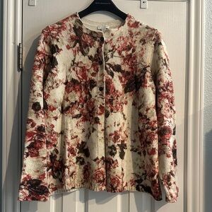 J. Jill Floral Cardigan Red and Cream Autumn Long Sleeve Crewneck Cotton Blend M